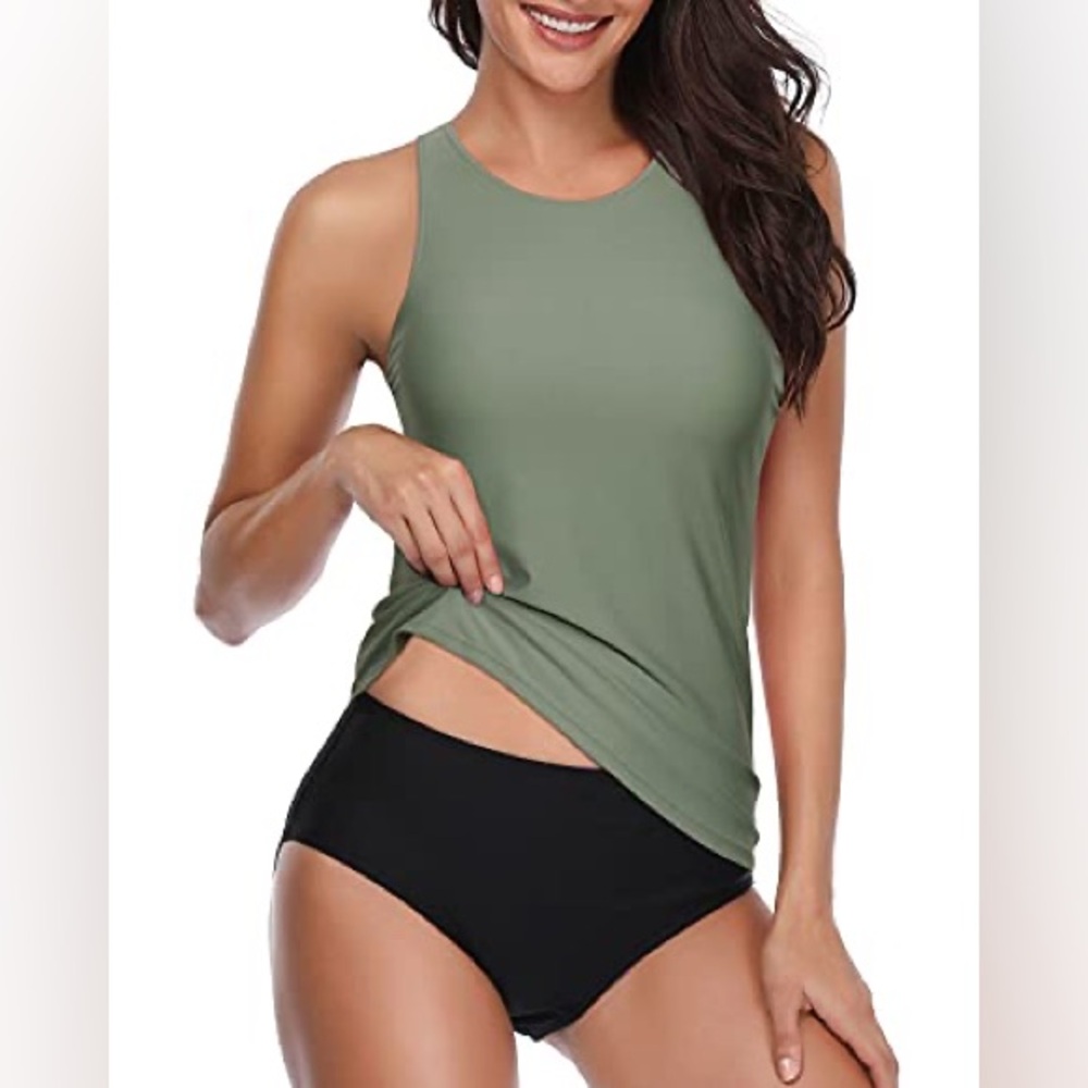 Holipick High Neck Halter Tankini 2 Piece Bathing Suit With Shorts-Olive Green